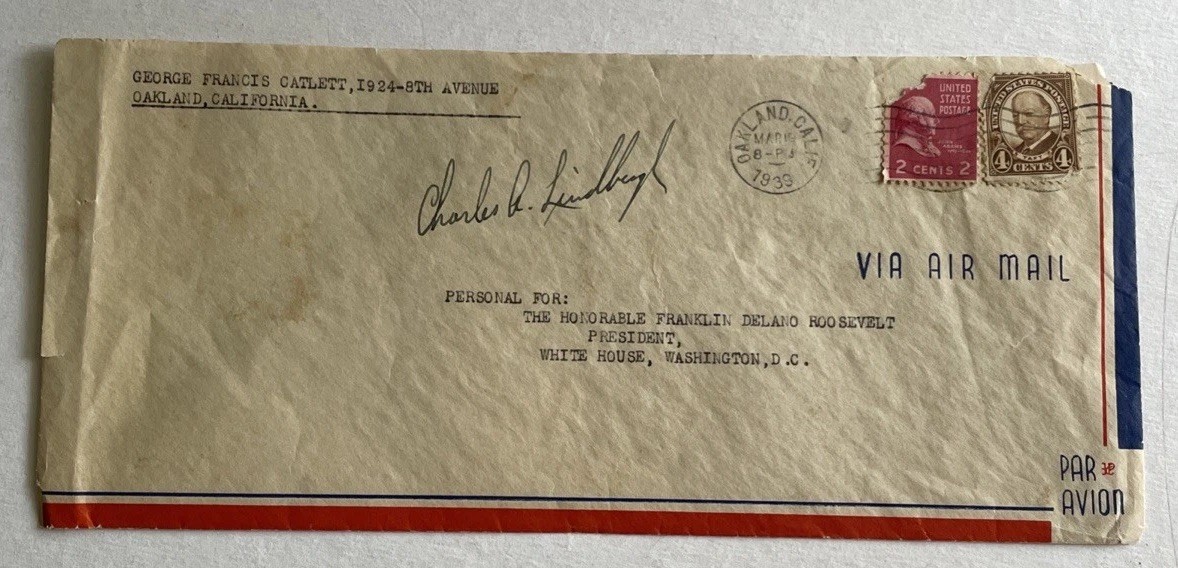 CHARLES LINDBERGH Signed 1939 Large Envelope Addressed To President Roosevelt