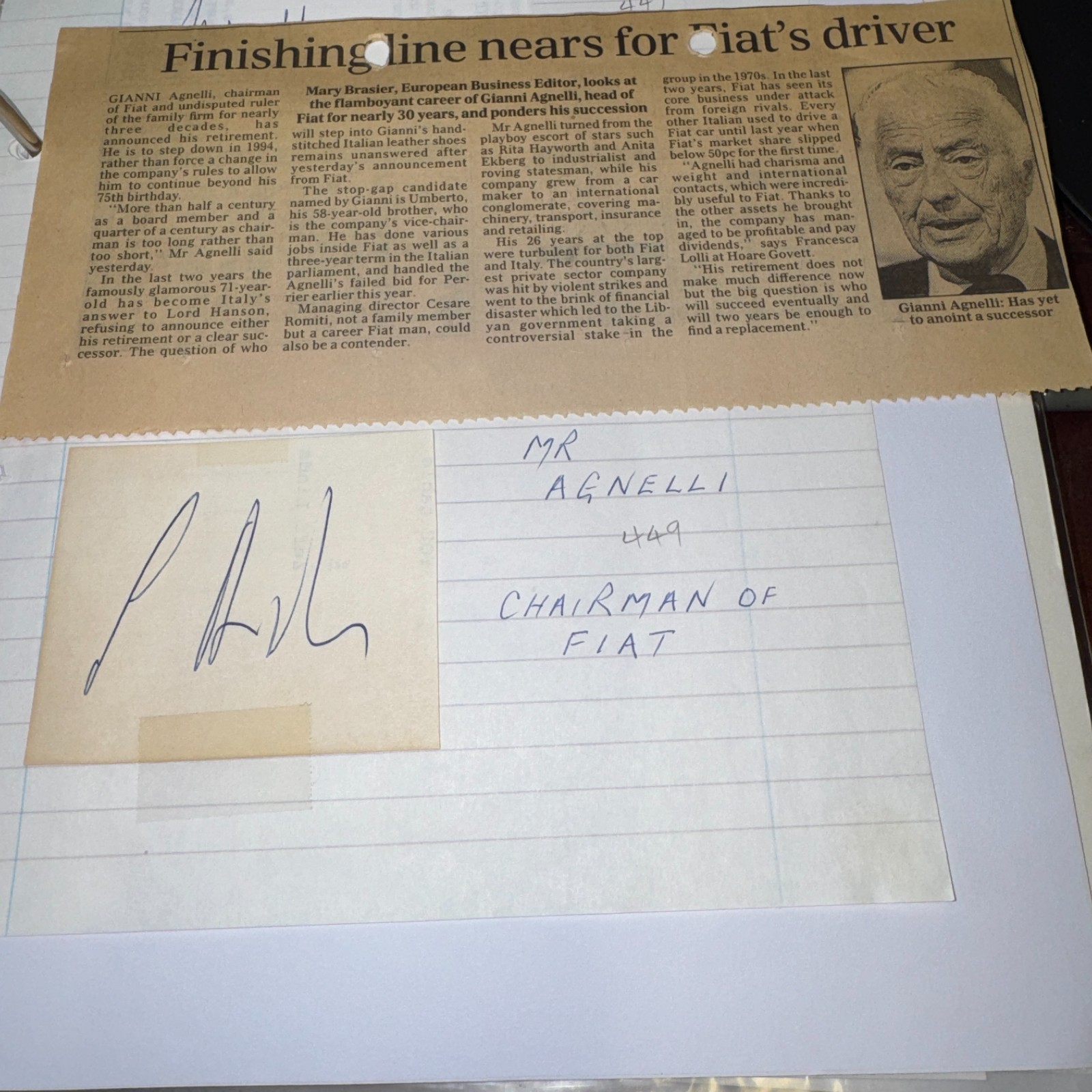 Gianni Agnelli Italian Industrialist Fiat Ferrari Autograph Signature c 1970s