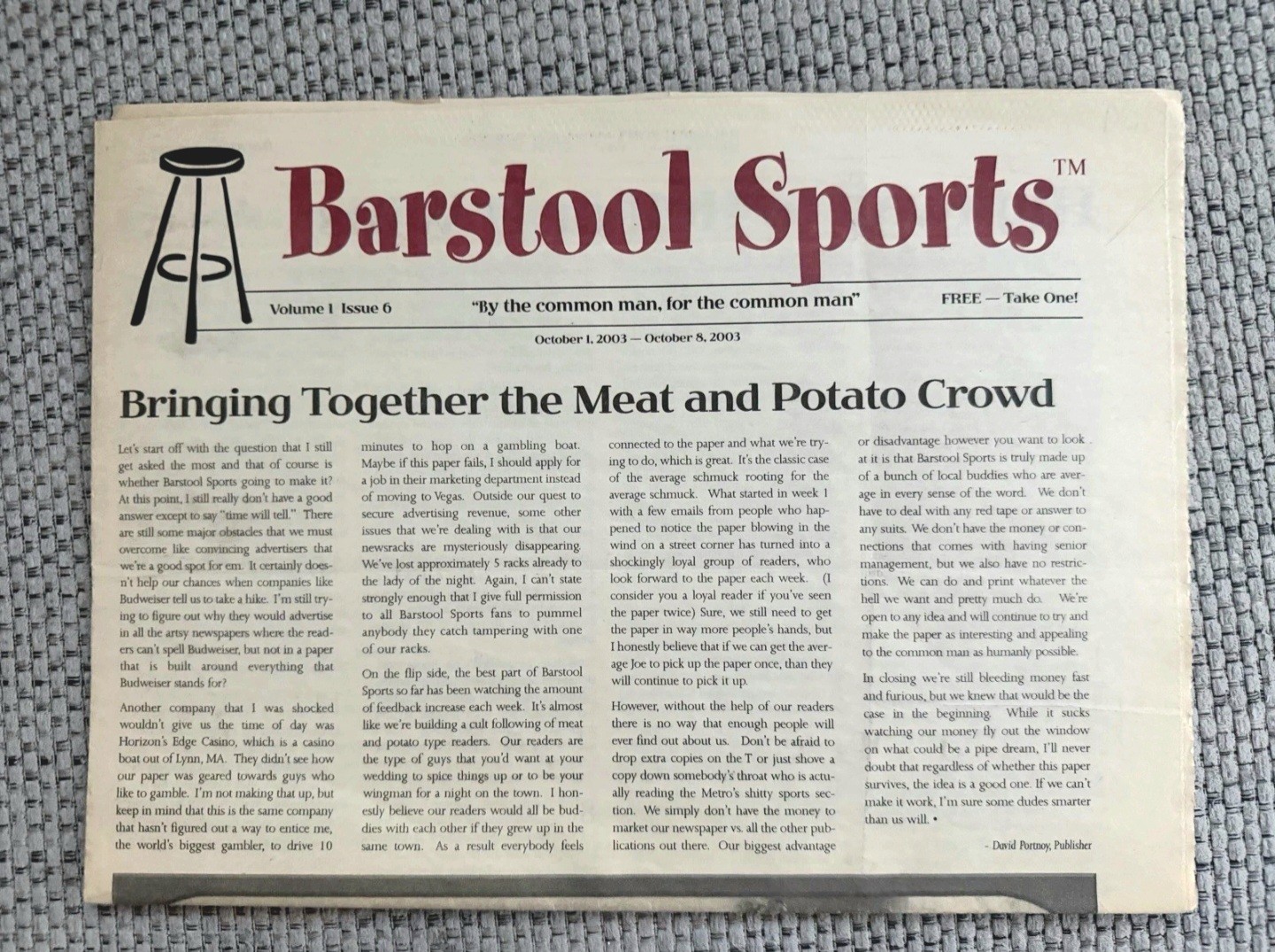 SUPER RARE Barstool Sports Newspaper Volume 1 Issue 6 October 2003 Dave Portnoy