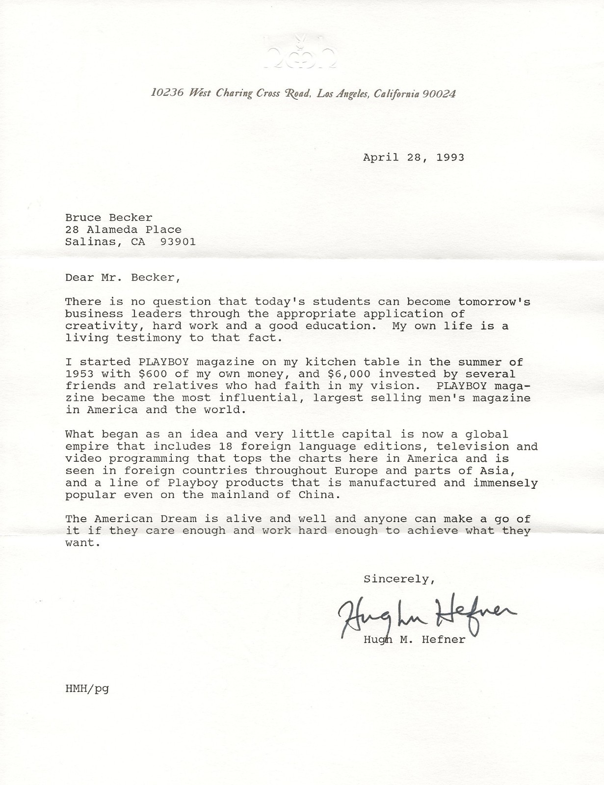 HUGH HEFNER-PLAYBOY MAGAZINE FOUNDER-HAND SIGNED 1993 LETTER-FULL NAME-ENVELOPE
