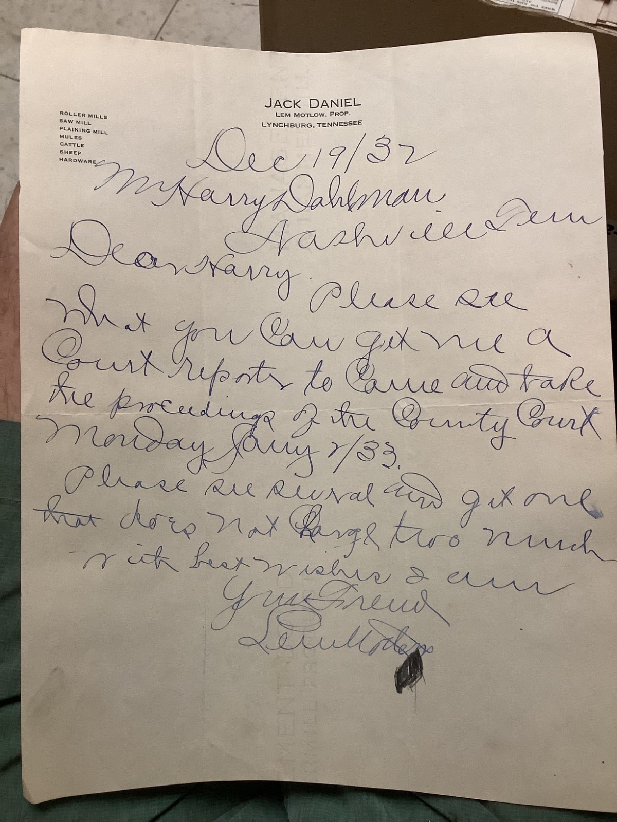 1933 Jack Daniel's - Letter Lem Motlow Letterhead written & Signed By Lem Motlow
