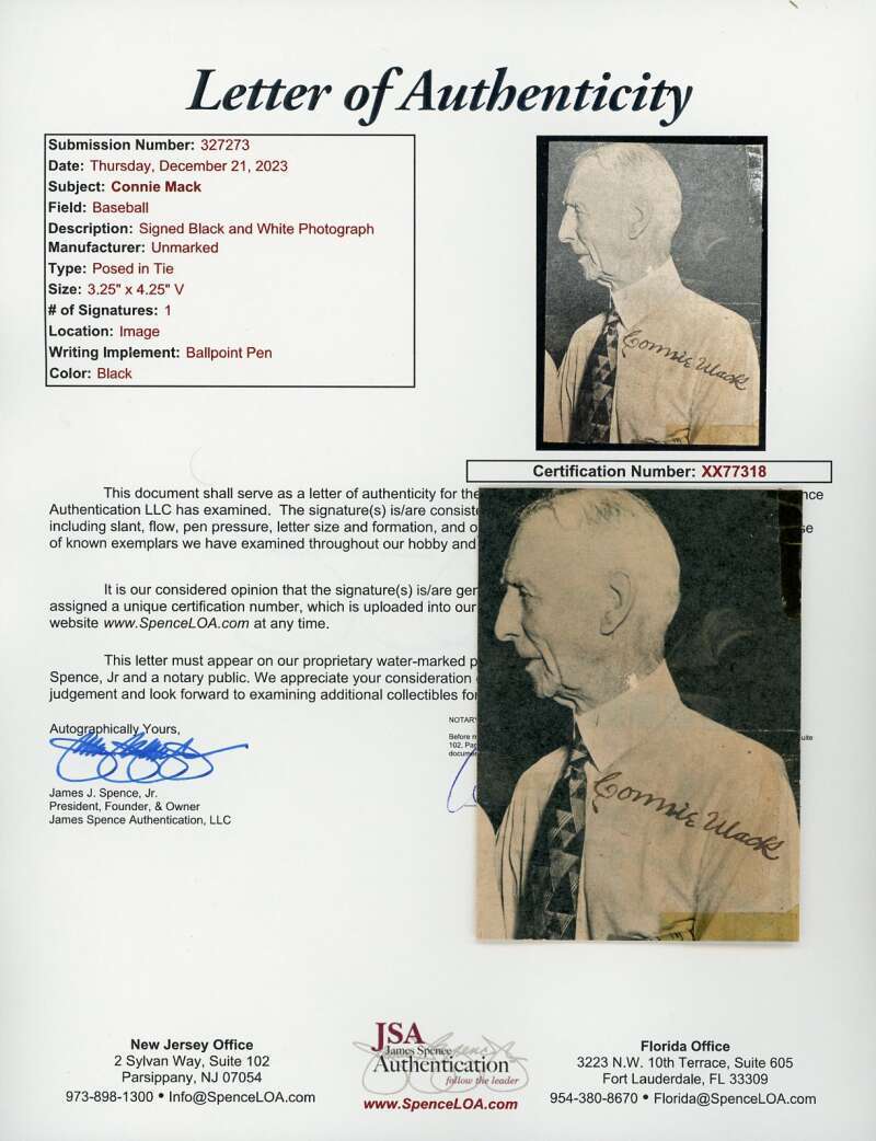 Connie Mack JSA Cert Signed  Vintage 4x3 Photo Autograph