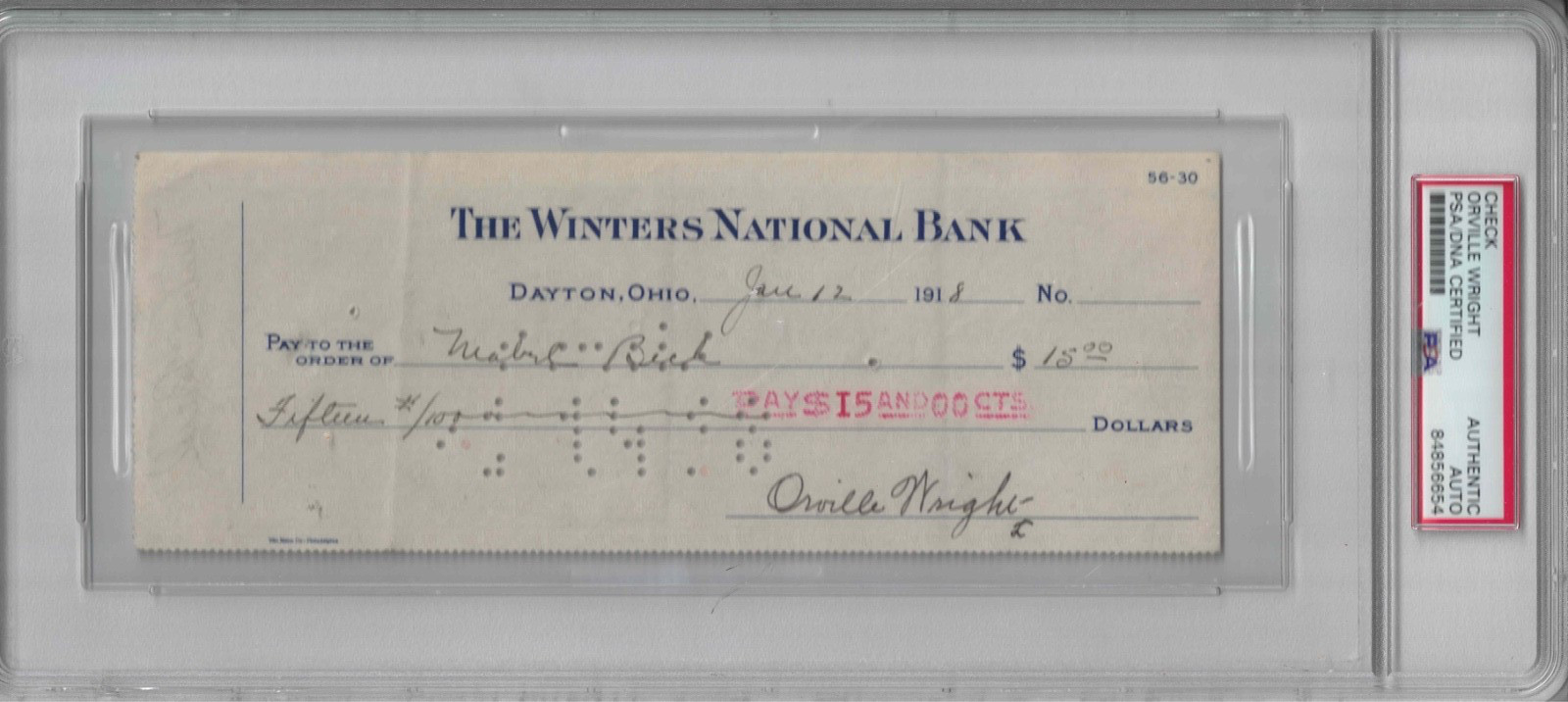 1918 Orville Wright Signed Bank Check PSA/DNA Encapsulated Wright Brothers