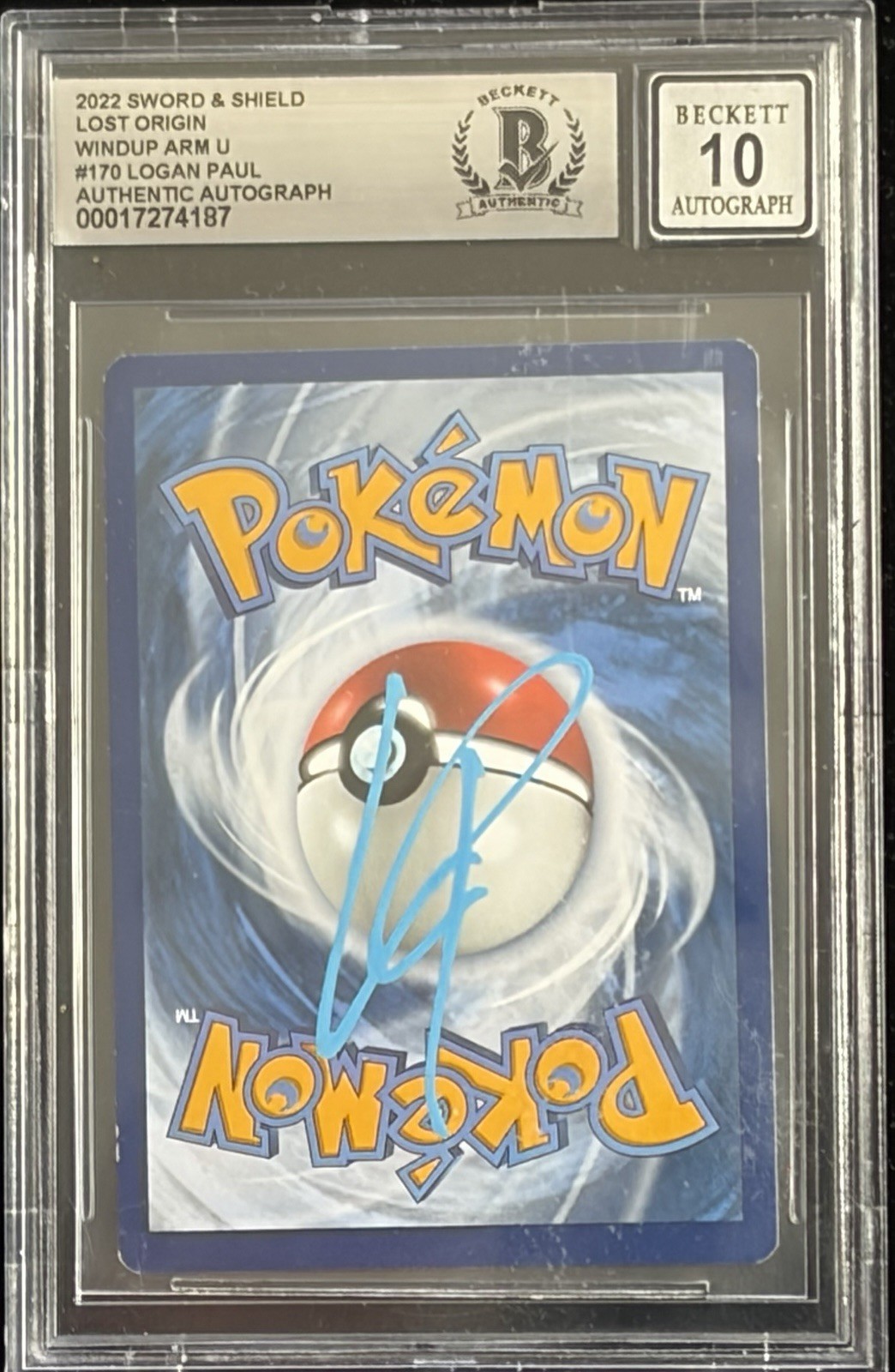 Logan Paul Signed 2022 Sword & Shield Windup Arm U Pokémon Card #170 BAS Auto 10