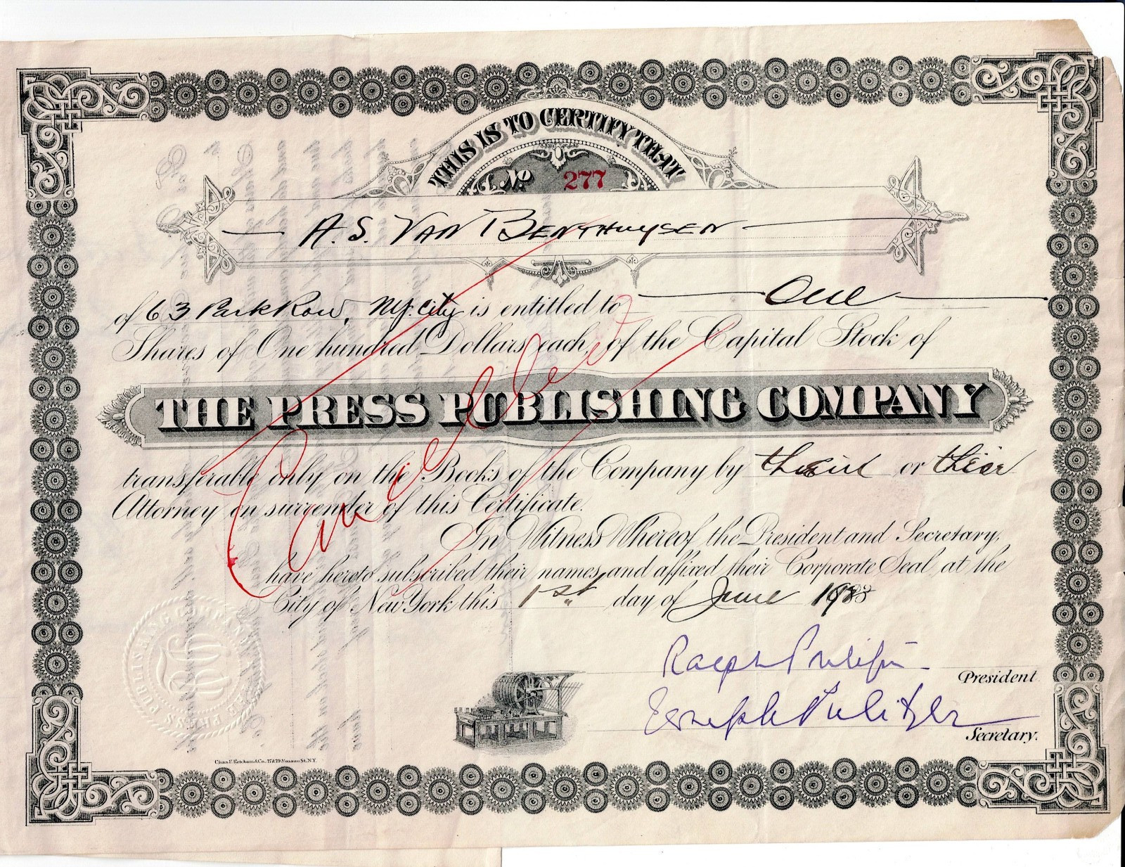 RARE PRESS PUBLISHING CO STOCK CERTIFICATE  SIGNED BY  RALPH & JOSEPH PULITZER