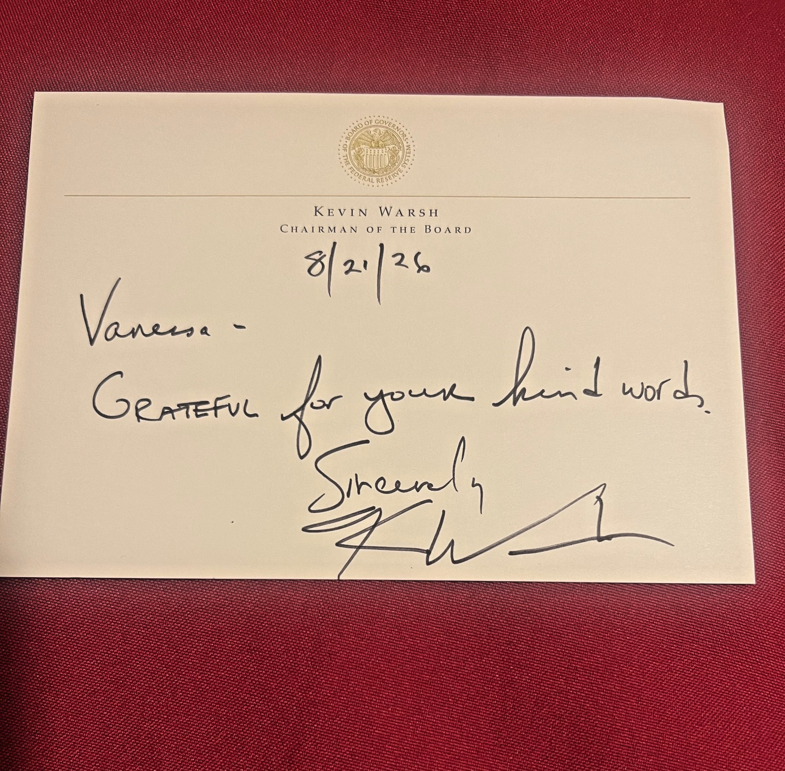 TRUMP Vance Federal Reserve Chairman Kevin Warsh Hand Signed 5x7 Note