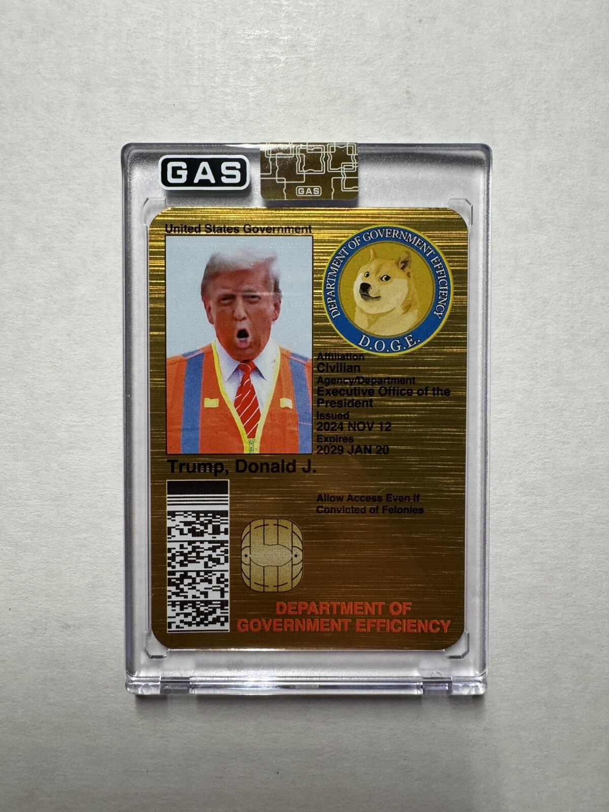 2024 GAS Trading Cards Donald J. Trump DOGE D.O.G.E. Gold ID Card /100 Limited