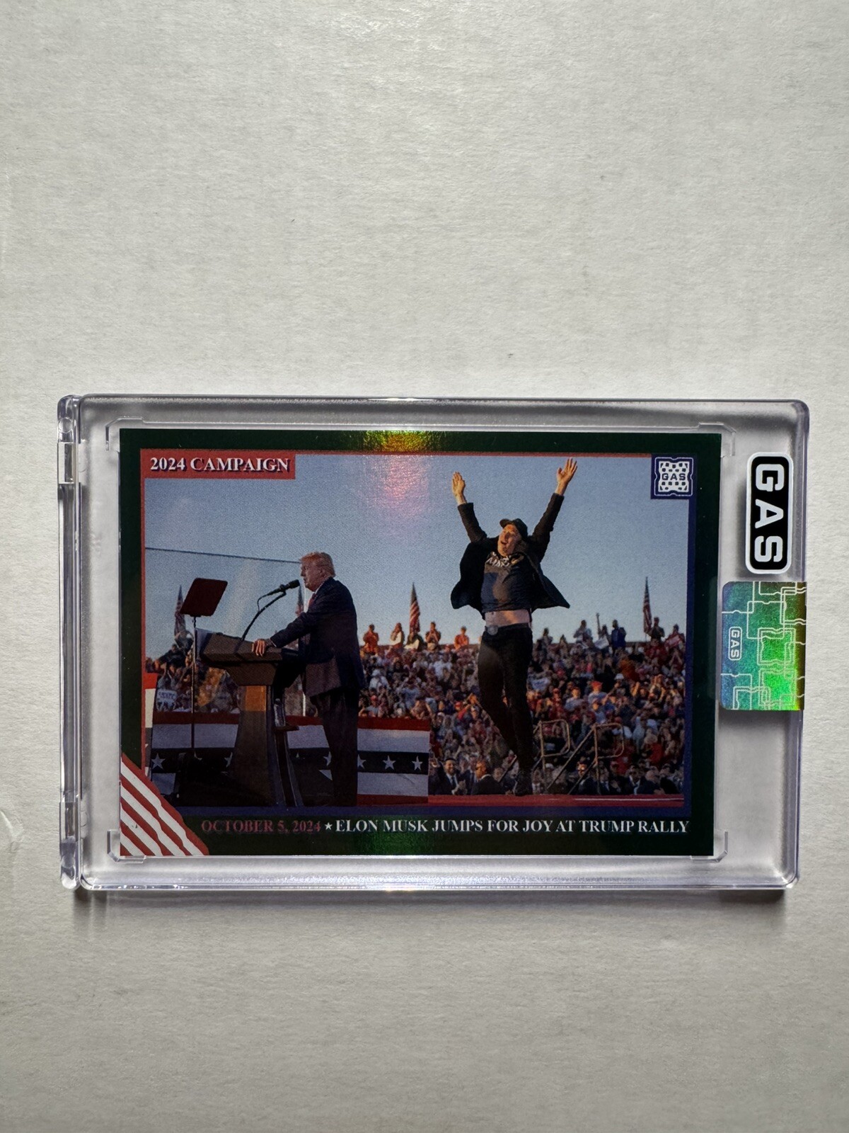 Donald J. Trump Elon Musk 2024 GAS Trading Cards Butler PA Rally Green Foil /10