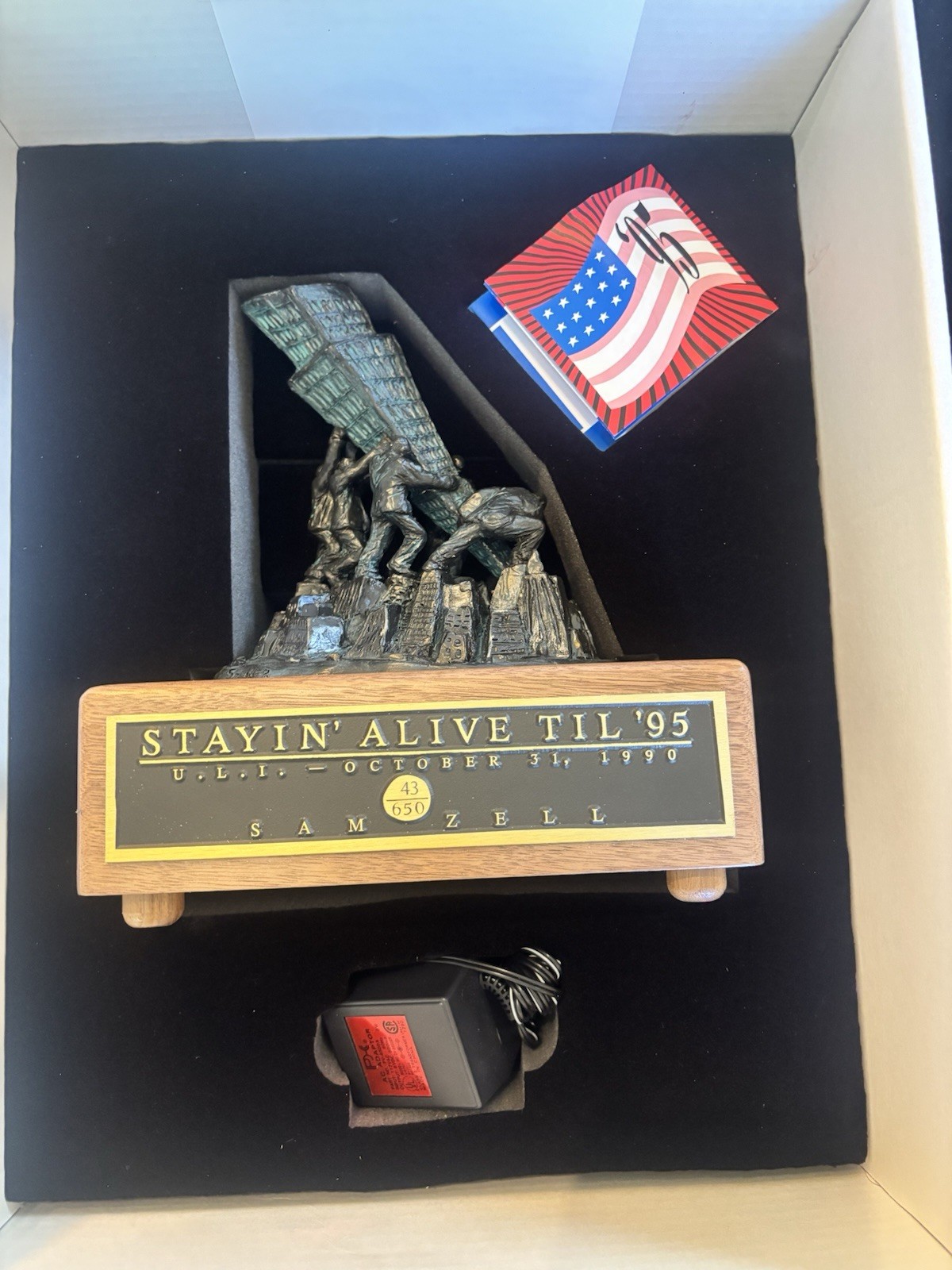 1990 Sam Zell Statue “Stayin Alive Till ‘95” with book, music, Box