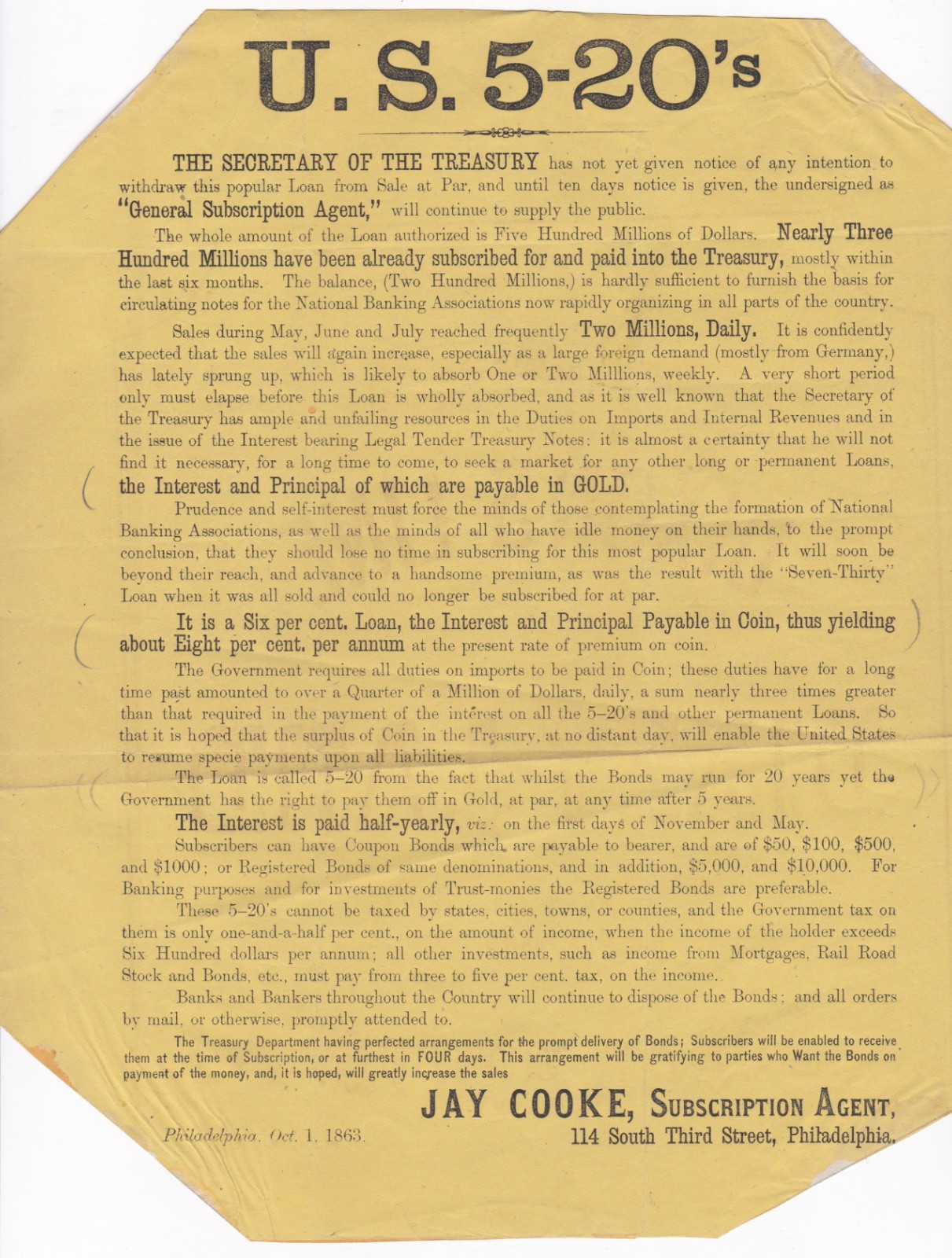 ORIGINAL 1863 CIVIL WAR 5-20 BOND BROADSIDE JAY COOKE UNION GREENBACK DEBATE