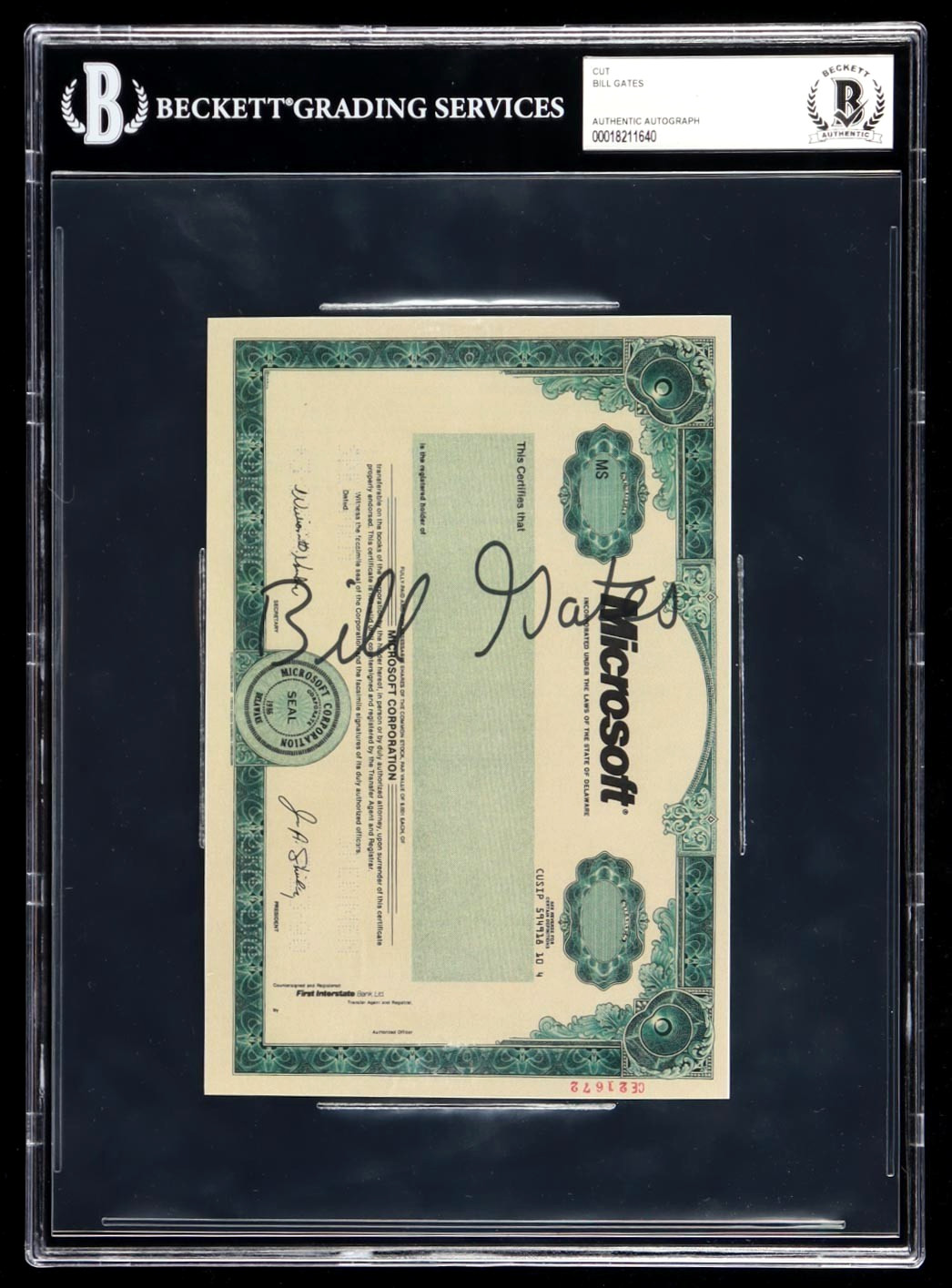 BILL GATES SIGNED MICROSOFT Stock Certificate BAS SLABBED  AUTOGRAPHED