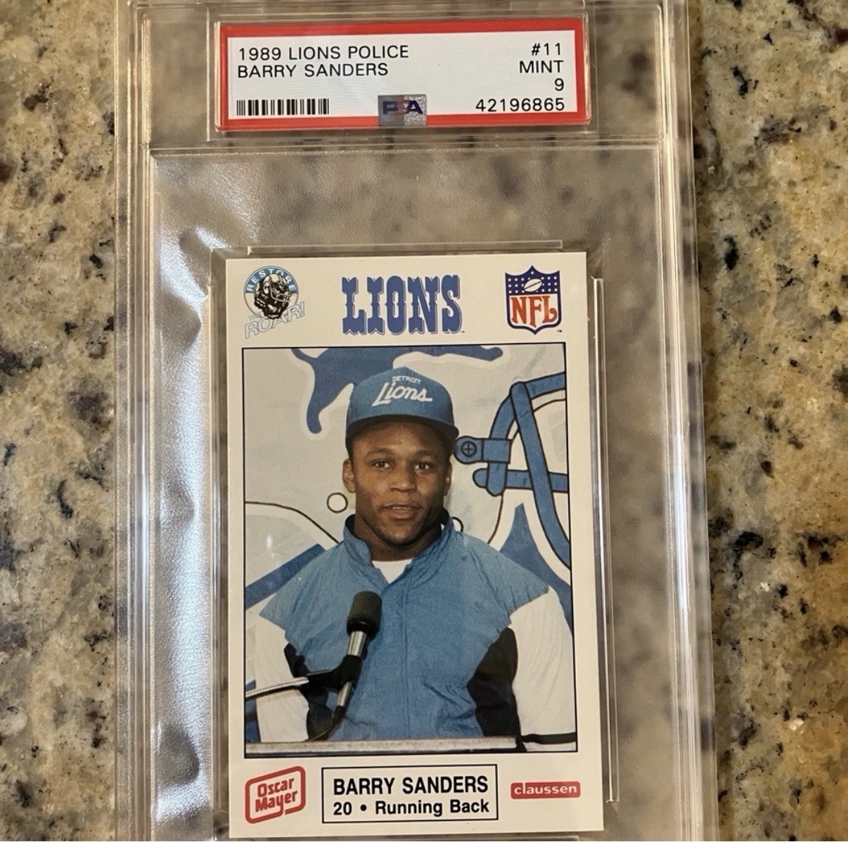 1989 Police Barry Sanders #11 Detroit Lions NFL Trading Card Oscar Mayer PSA 9