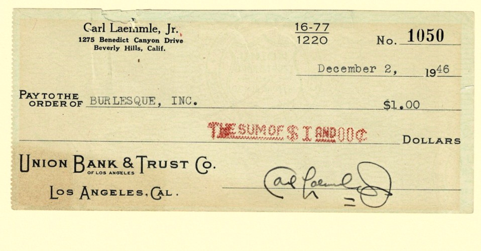 CHECK SIGNED by CARL LAEMMLE, JR. Universal Studio Head - Dracula, Frankenstein
