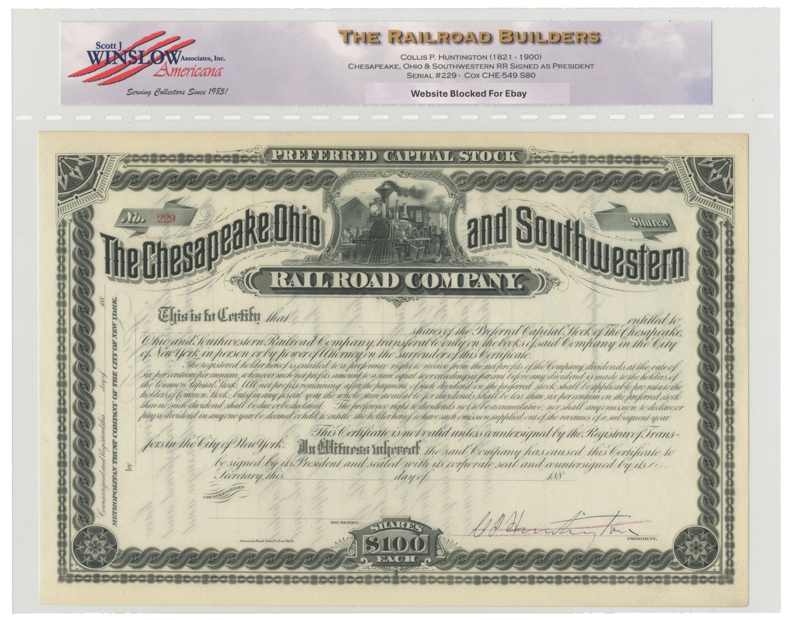 Stock Certificate Signed by Collis P. Huntington - One of "The Big Four"