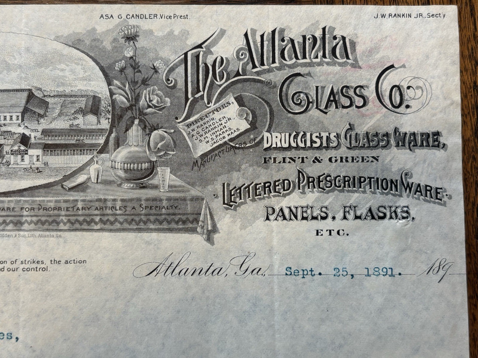 1891 Letter From The Atlanta Glass Co. To Bank. Top Of Letterhead Asa G Candler