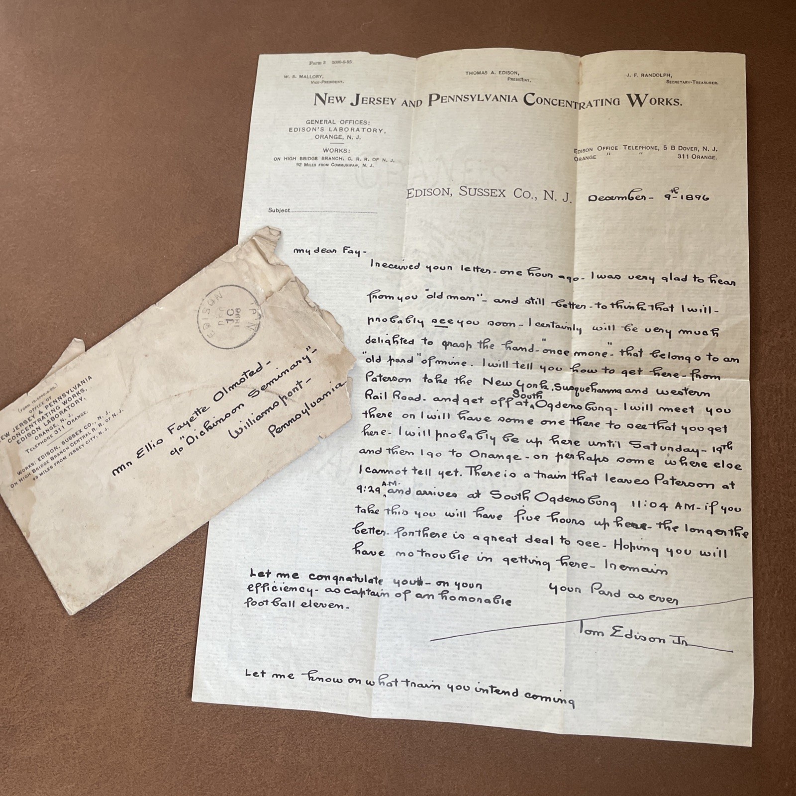 Thomas Edison Jr. Signature Handwritten Letter W/envelope Letterhead NJ Lab Vtg
