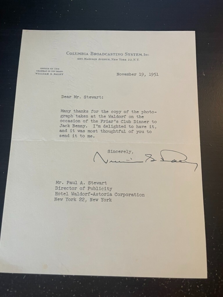 William Paley Signed Letter - CBS Founder & Businessman