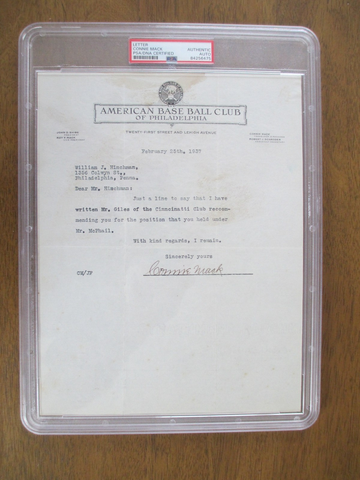 Connie Mack HOF Philadelphia Athletics Manager Signed Letter Feb. 25,1937 PSA