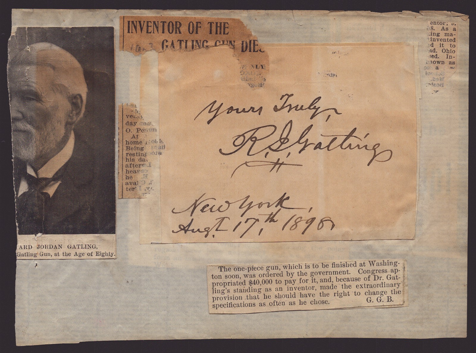 RICHARD J. GATLING - AUTOGRAPH SENTIMENT SIGNED 08/17/1898