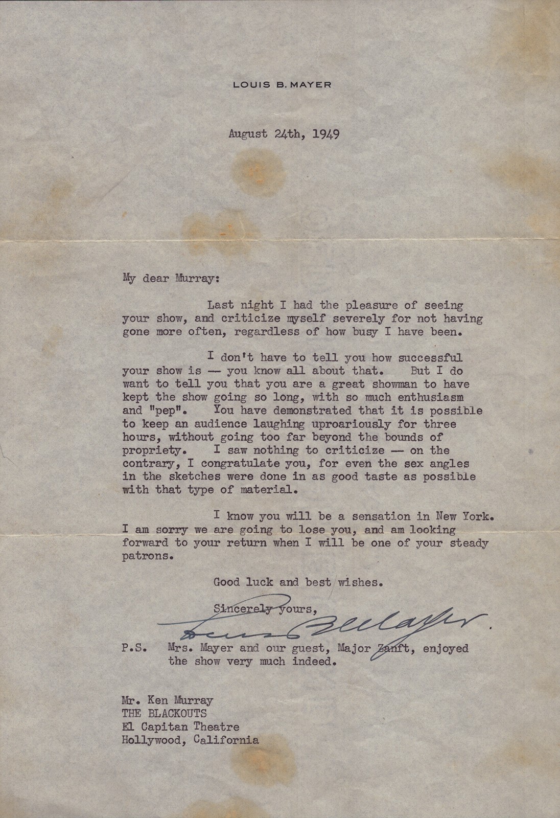 LOUIS B. MAYER - TYPED LETTER SIGNED 08/24/1949