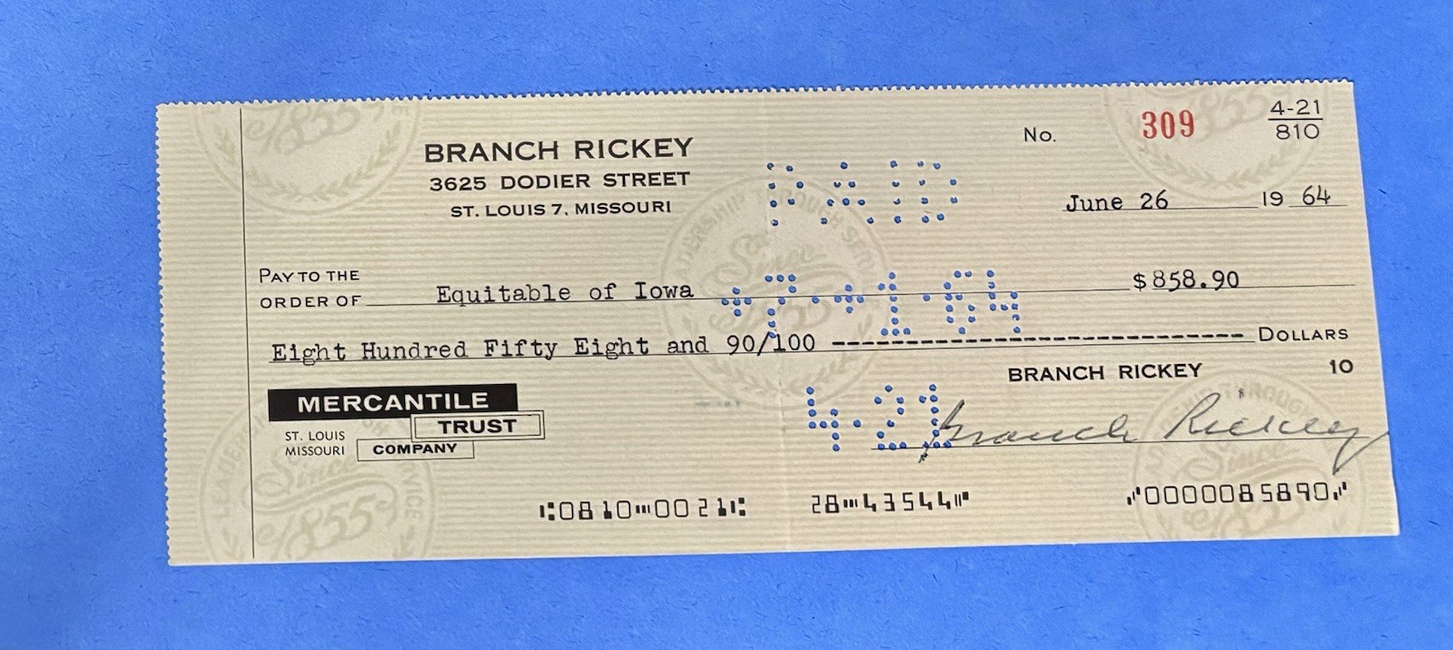 Branch Rickey SIGNED AUTOGRAPH CHECK Brooklyn Dodgers 🔥