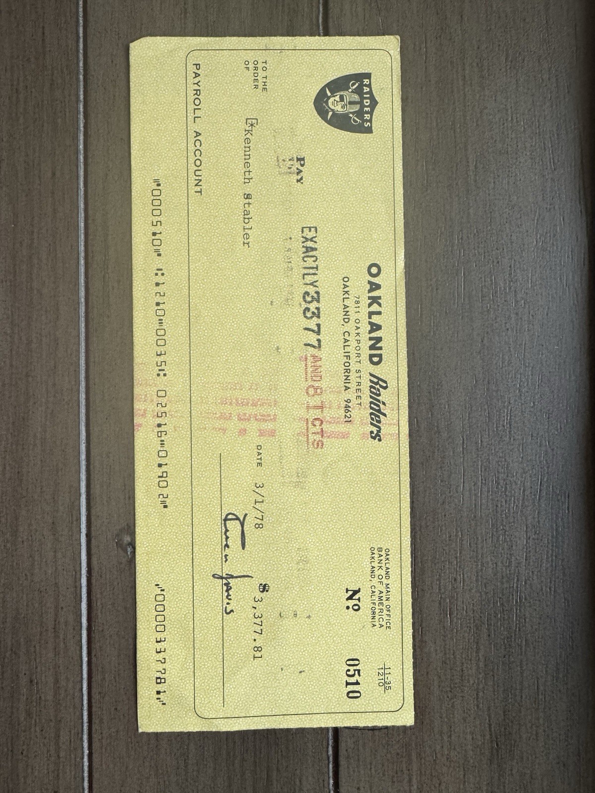 Al Davis Signed Raiders Payroll Check to Kenny Stabler 1978 JSA LOA "NO RESERVE"