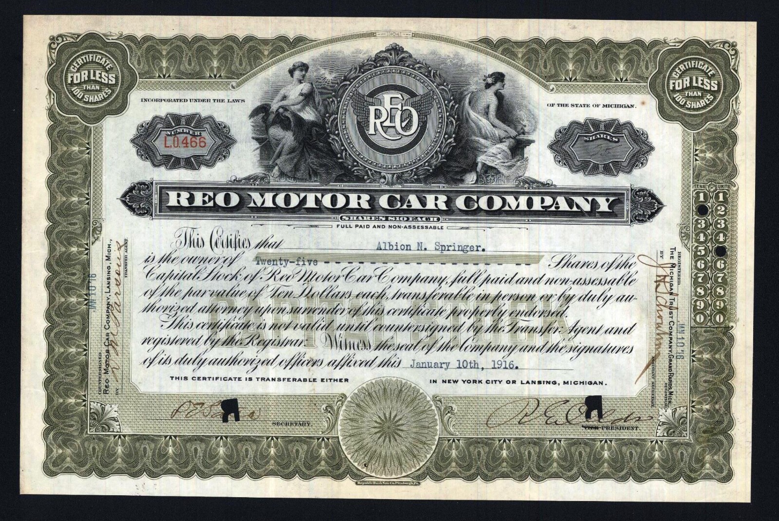 1916  OLDSMOBILE Founder - Ransom E Olds only signed ONE Day - Stock Certificate