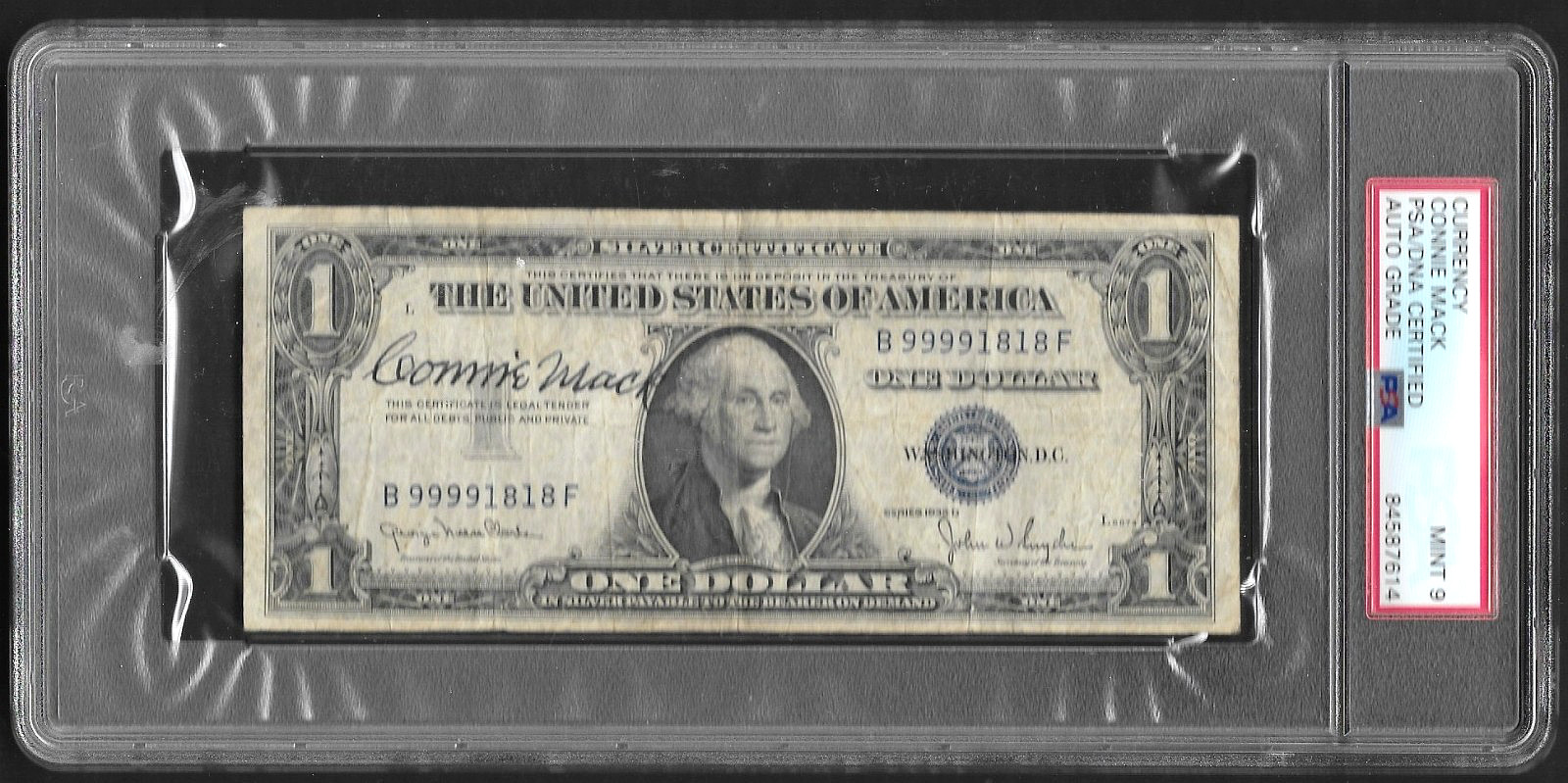 Connie Mack Autograph on series 1935 $1 Bill, PSA/DNA Mint 9