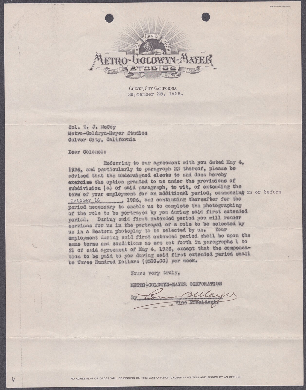 LOUIS B. MAYER - DOCUMENT SIGNED 09/25/1926