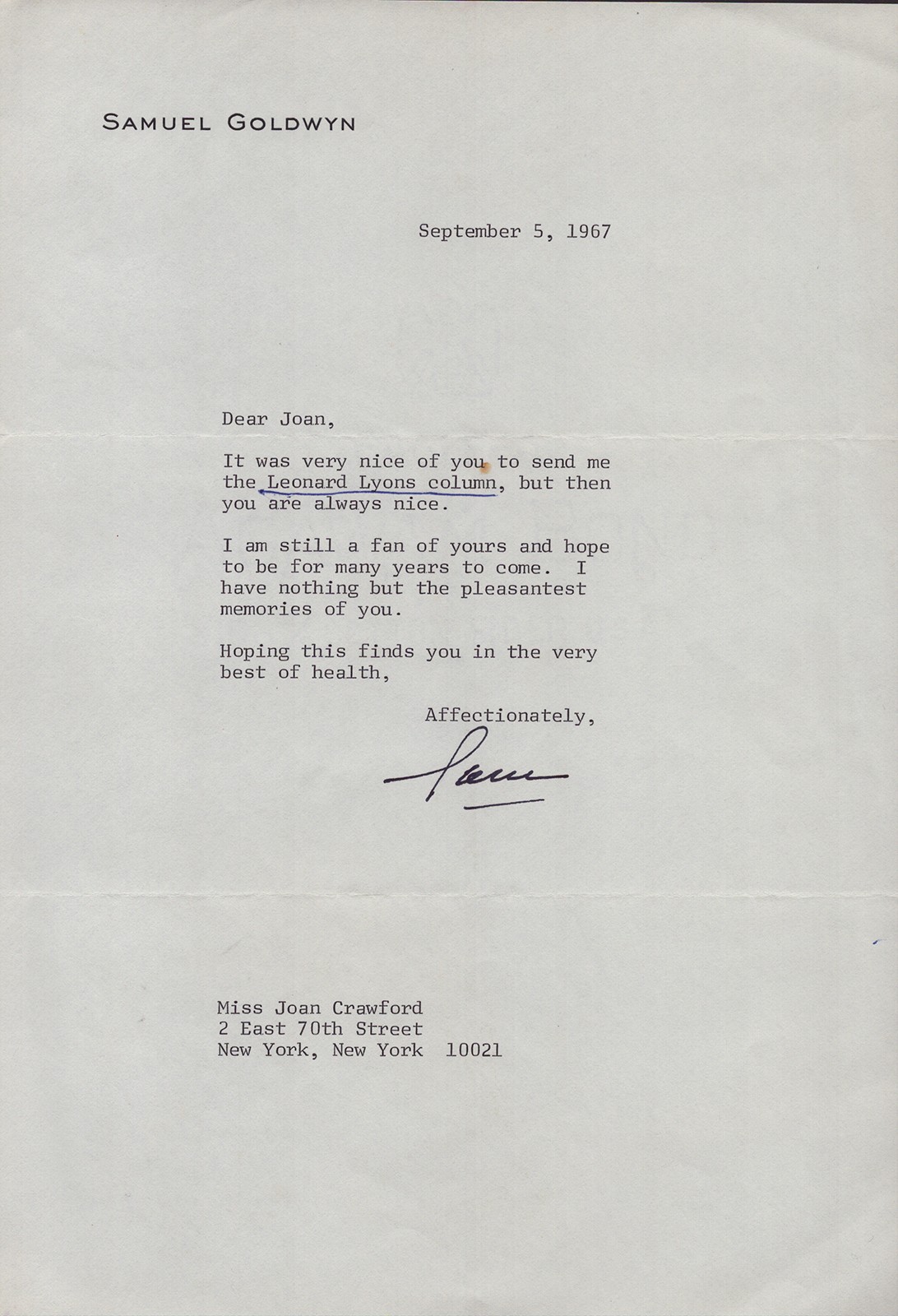 SAMUEL GOLDWYN - TYPED LETTER SIGNED 09/05/1967