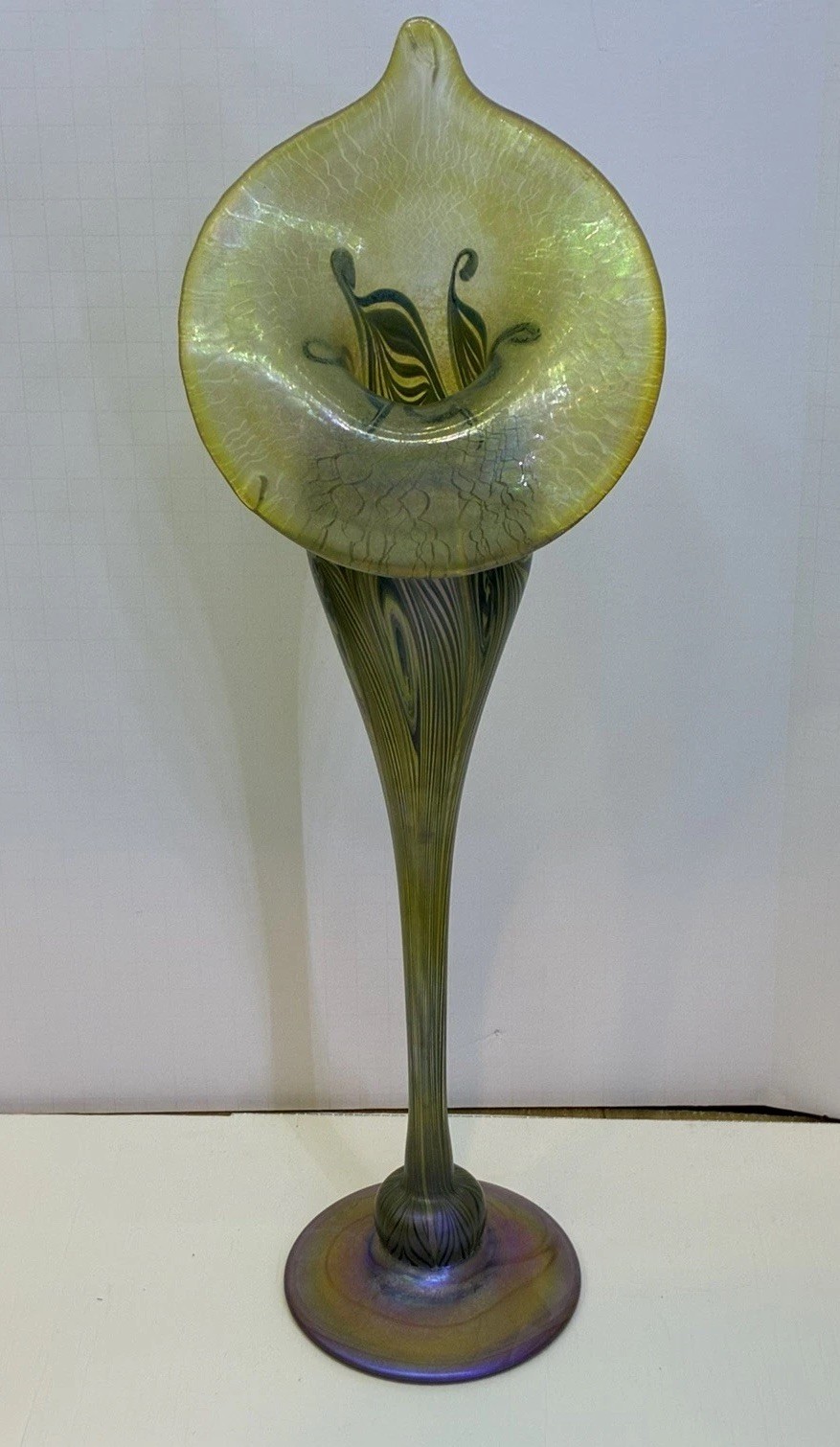 Large Jack-in-the-Pulpit Iridescent Art Glass Vase, Signed L.C. Tiffany Favrile