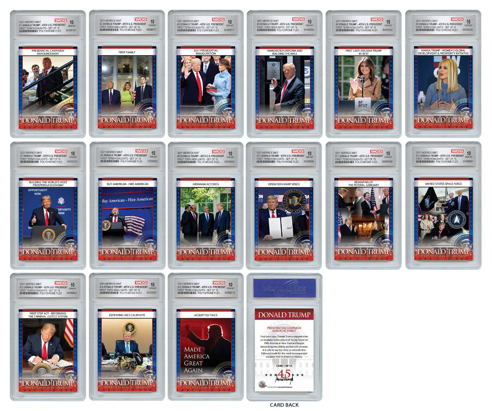 DONALD TRUMP 45th U.S. President OFFICIAL 1st Term 15-Card Set - ALL GEM-MINT 10
