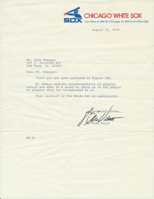 Bill VEECK / Typed Note Signed