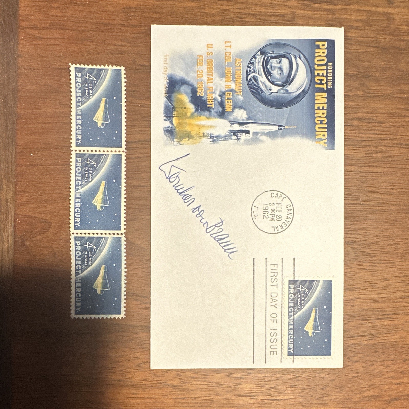 Project Mercury John Glenn 1962 1st Day Cover Signed by Wernher von Braun