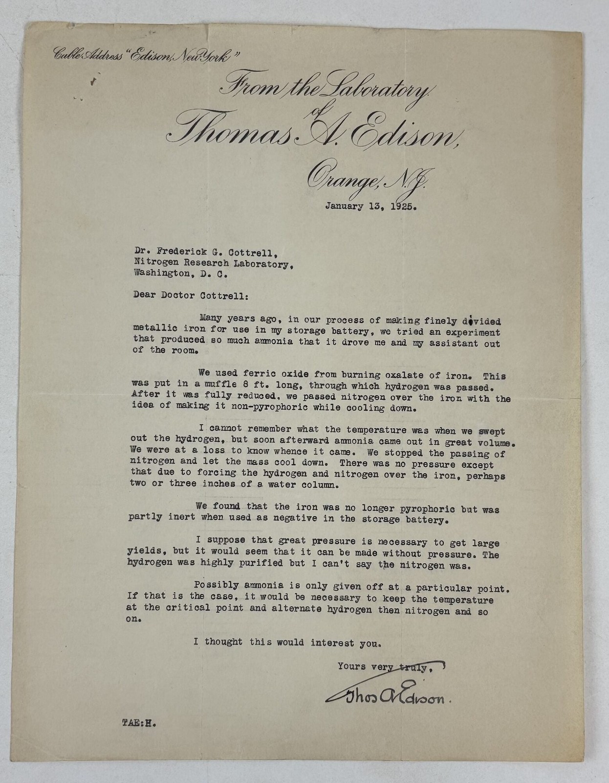 THOMAS EDISON | TYPED LETTER SIGNED TO FREDERICK GARDNER COTTRELL / 1925