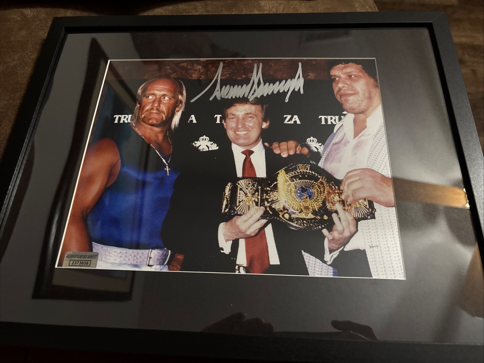 Donald Trump Signed Framed Photo With Hulk Hogan And Andre The Giant W/ COA