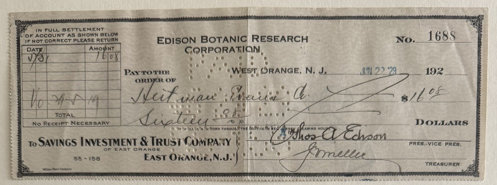 Thomas Edison signed check