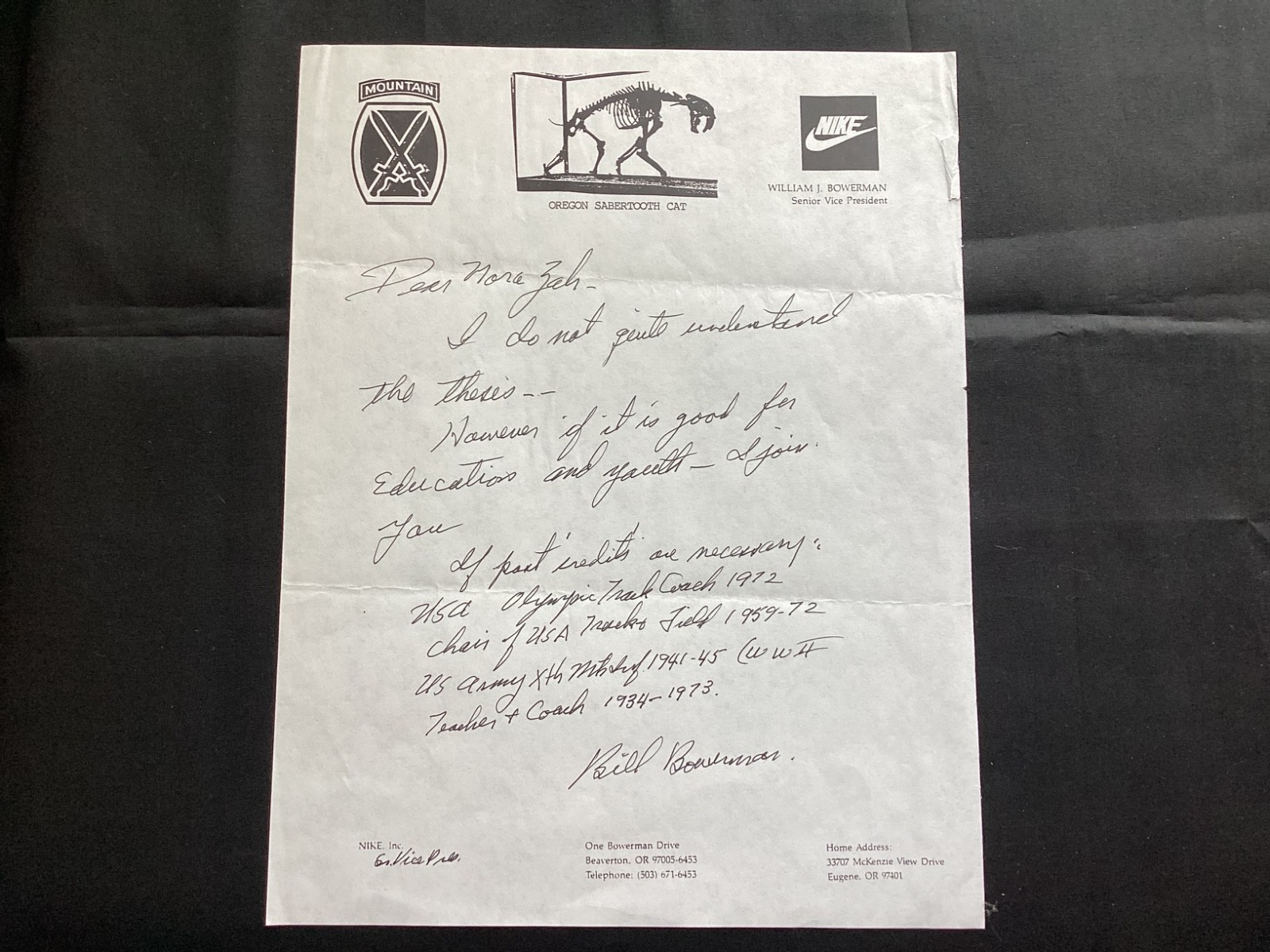 Bill Bowerman Autograph Oregon and Olympic Track and Field Coach Letter Response