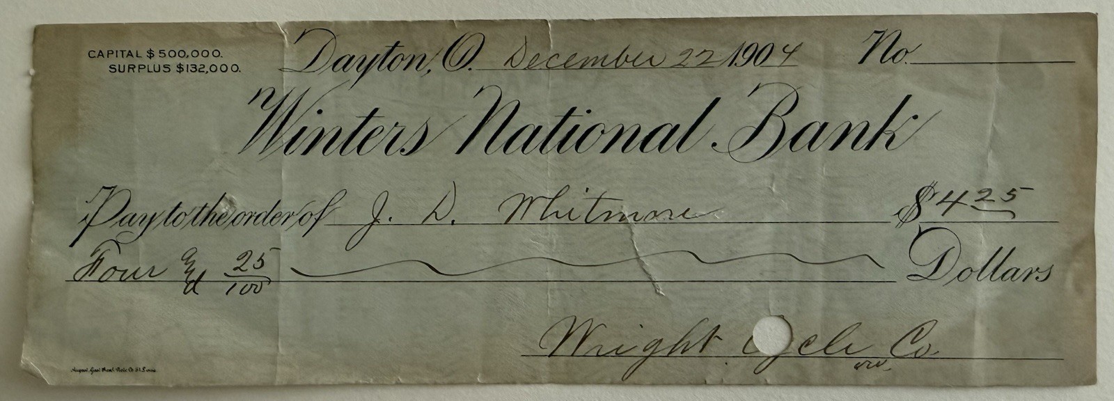 1904 Orville Wright Signed Check Wright Cycle Company