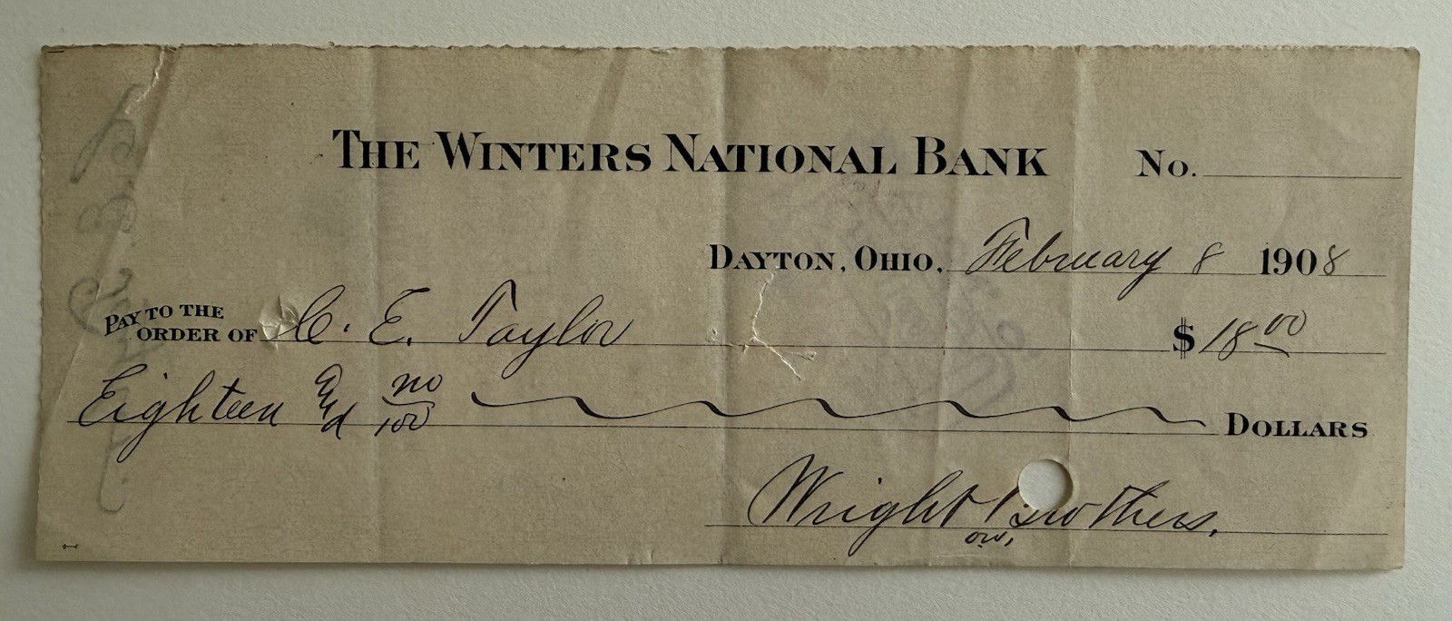ORVILLE WRIGHT Signed 1908 Check Payable to Charlie Taylor