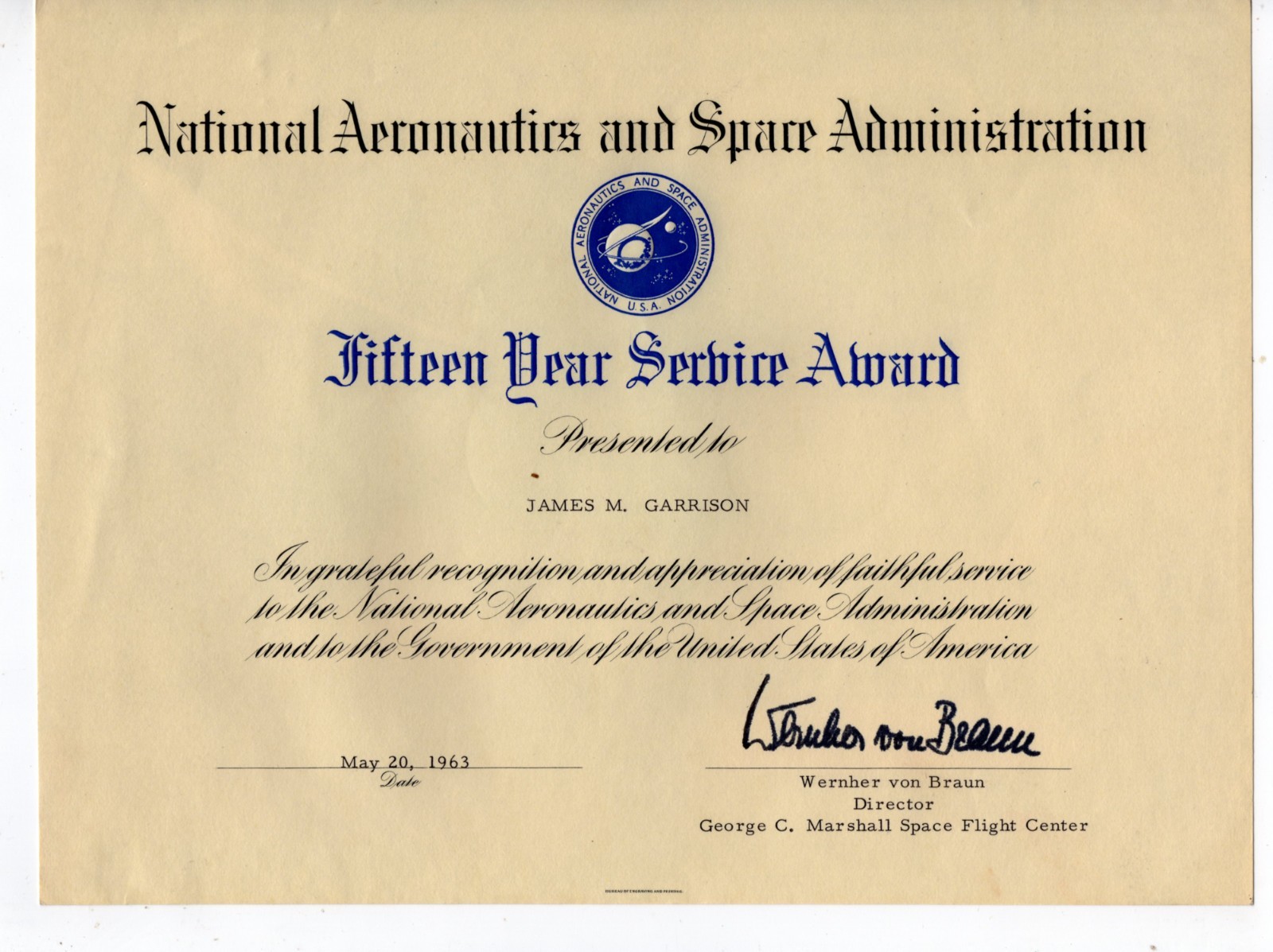 Vintage 1963 NASA Service Award Signed Wernher von Braun + 4 Historic Photos Lot