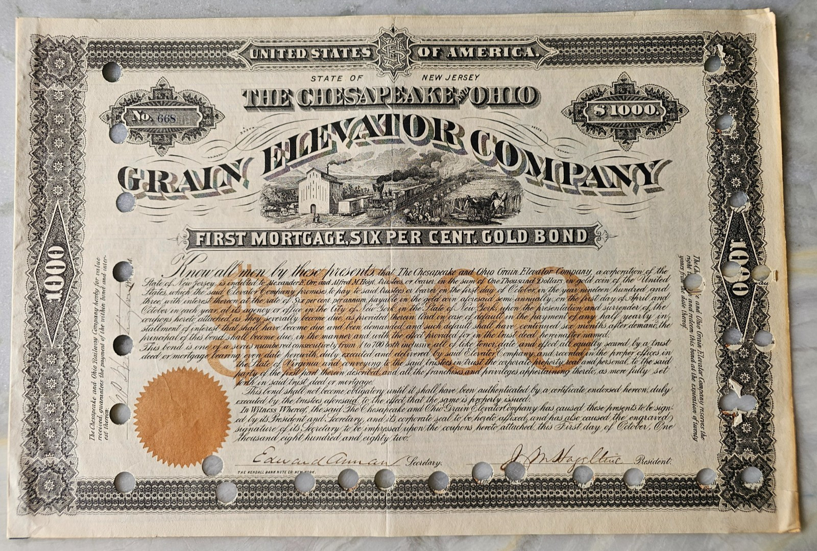 RARE 1882 Chesapeake & Ohio Grain Elevator Co Stock Cert Signed C.P. Huntington