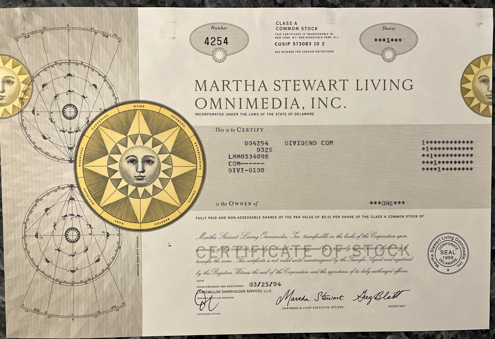 MARTHA STEWART LIVING OMNIMEDIA Inc Stock Certificate Issued For 1 Share 2004