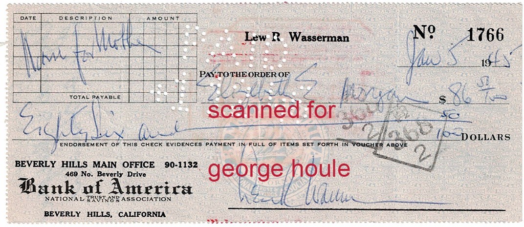 LEW WASSERMAN - SIGNED - CHECK - 1945 - UNIVERSAL - MCA - HOLLYWOOD MOGUL