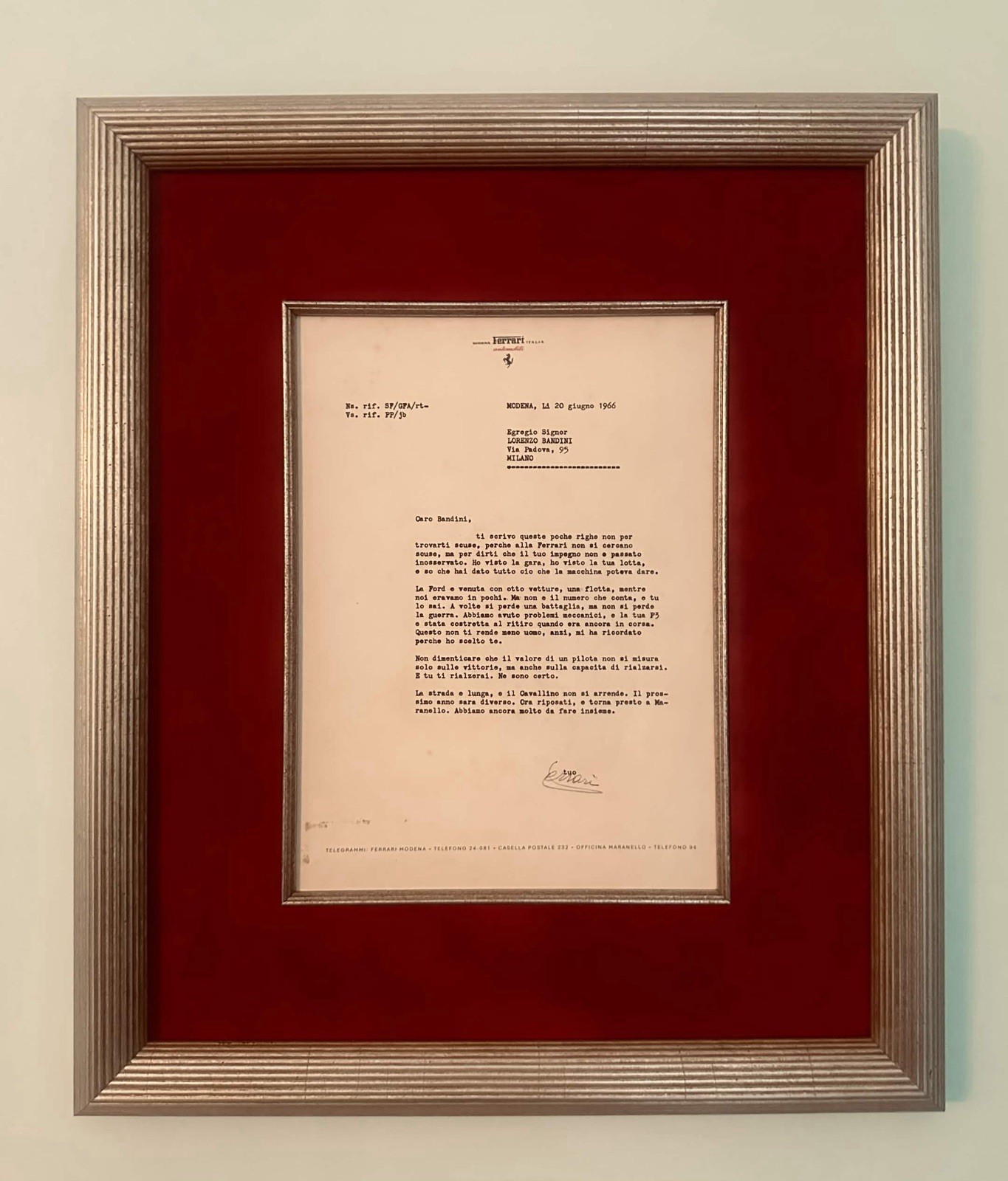 Enzo Ferrari 1966 Le Mans Consolation Letter to Bandini, Gold Framed Automobili