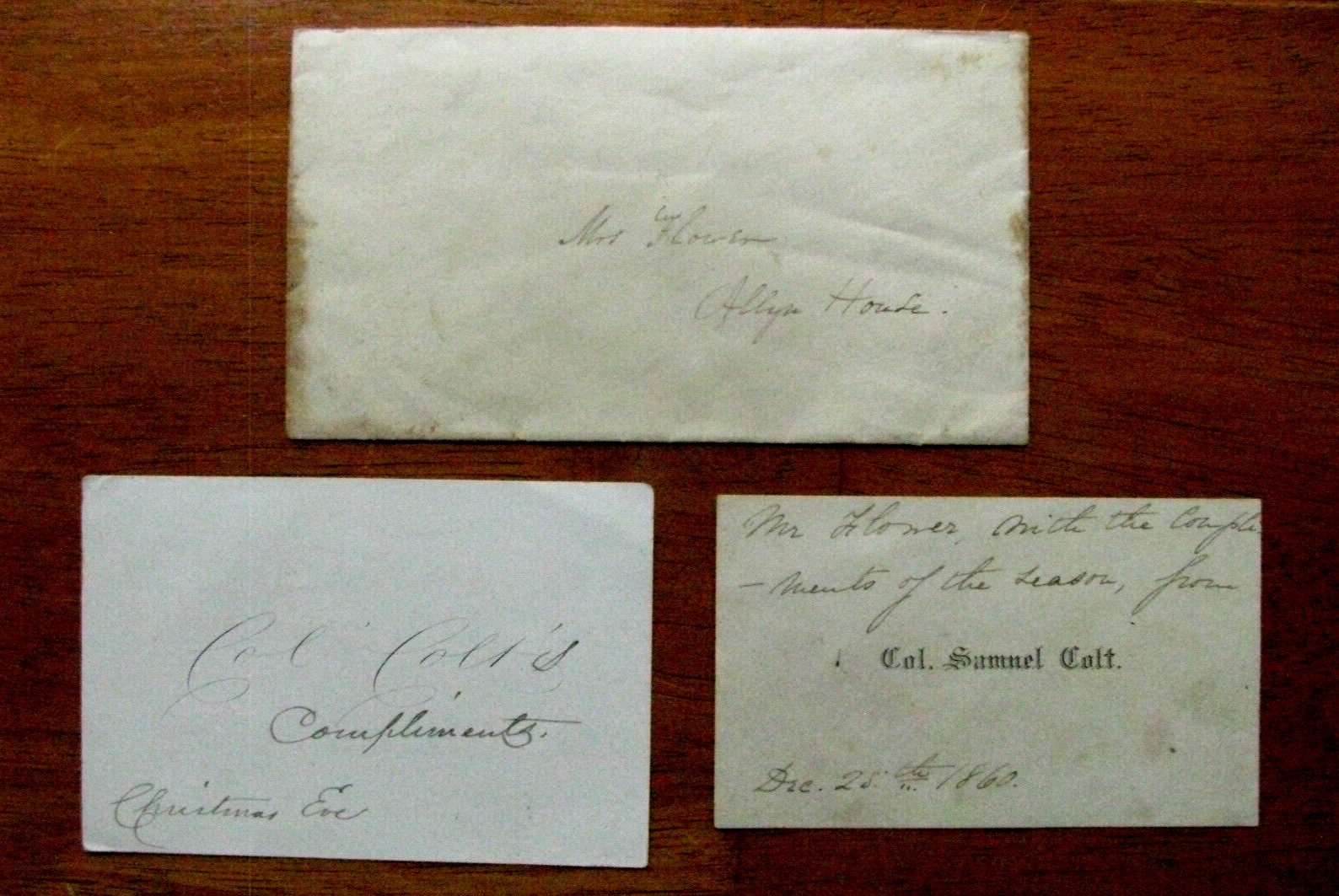 COLONEL SAMUEL COLT INSCRIBED CARDS AND COVER CHRISTMAS DAY 1860