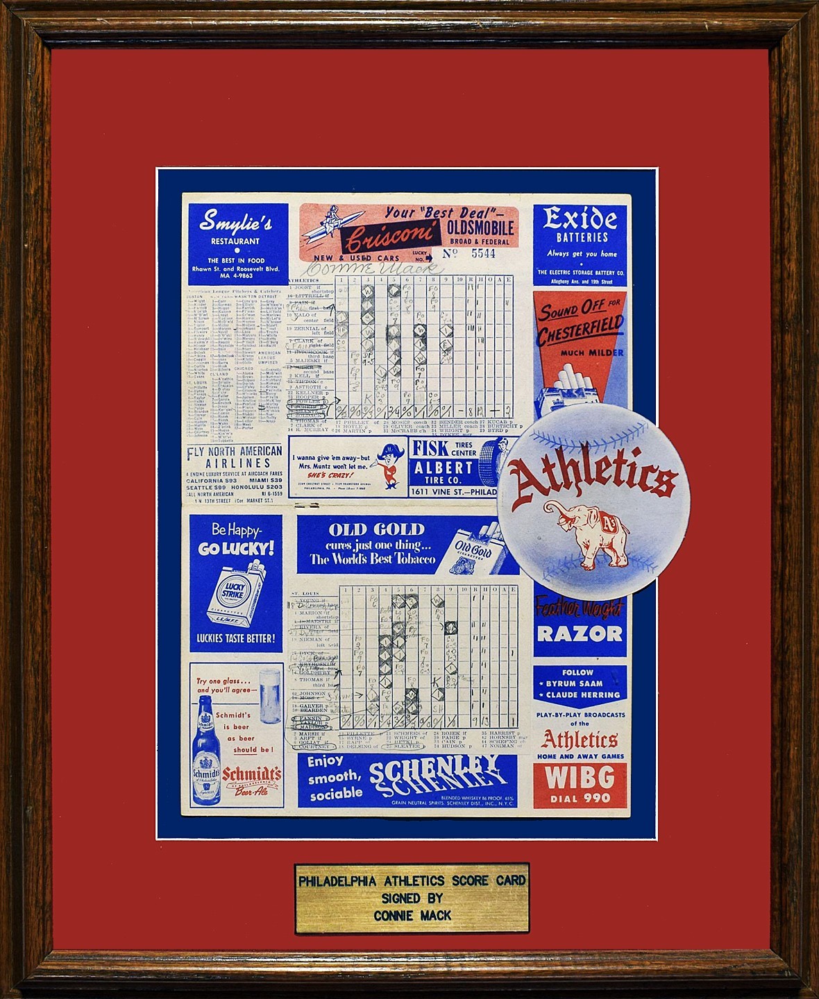 1952 Connie Mack Signed Autographed Scorecard A's Browns Framed Display JSA