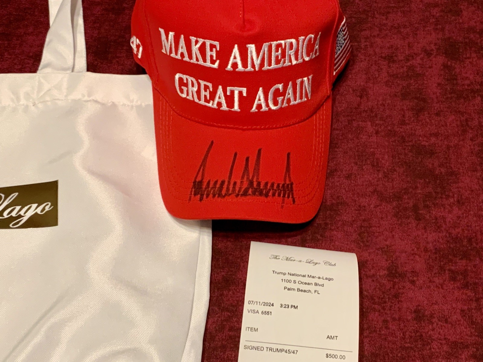Donald Trump Signed Make America Great Again Hat with Mar-a-Lago Bag & Receipt