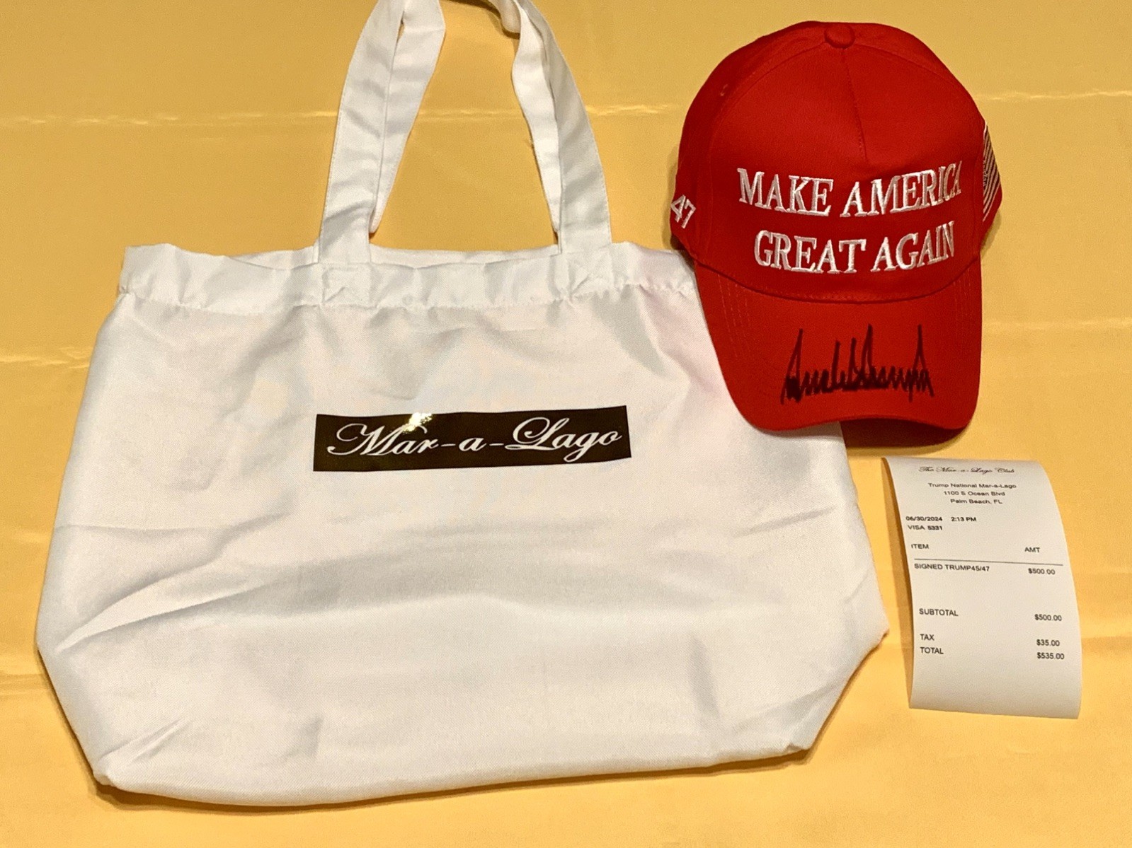 Donald Trump Signed Make America Great Again Hat with Mar-a-Lago Bag & Receipt