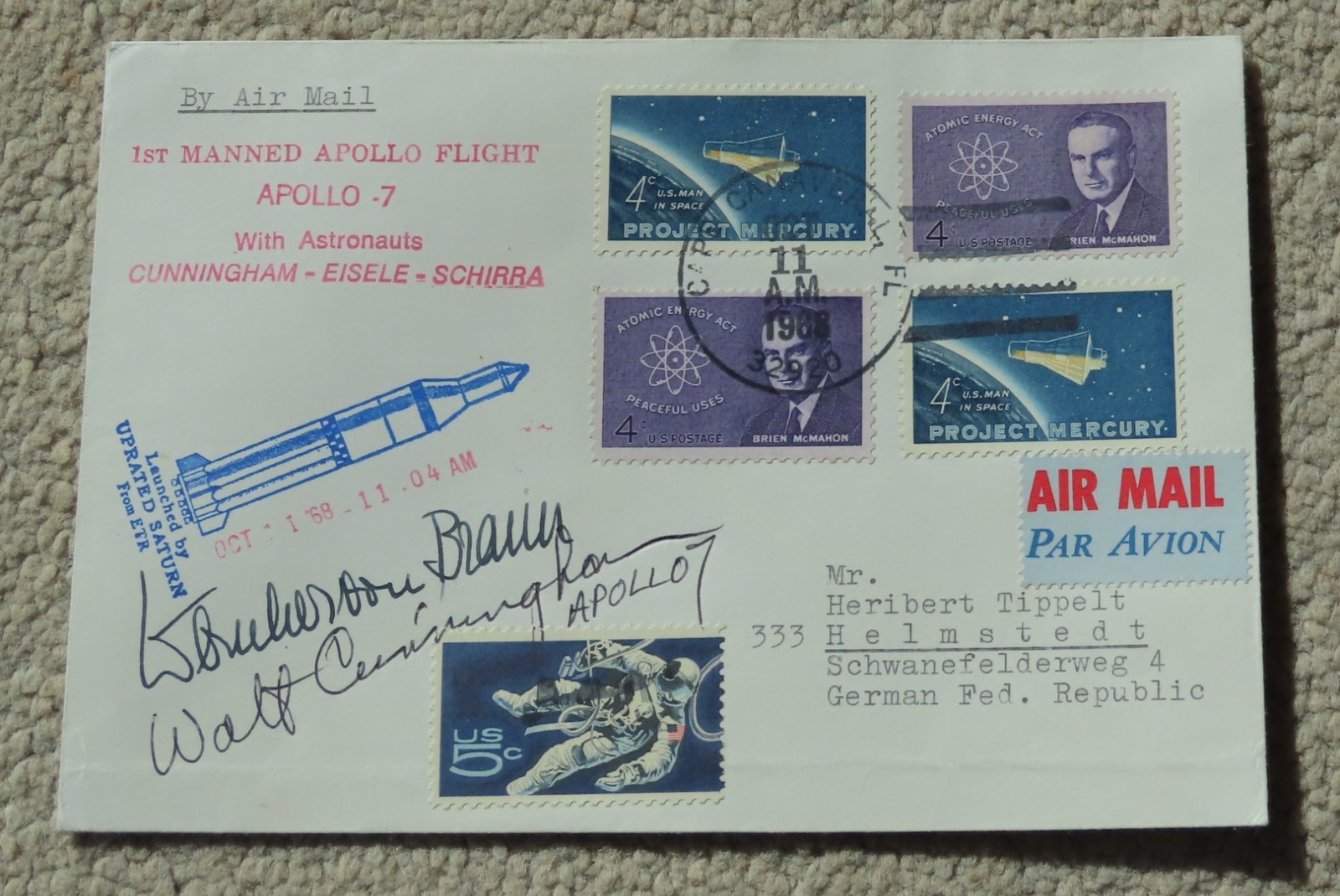 Wernher Von Braun & Walt Cunningham Apollo 7 Signed Flown Stamp Cover 1968
